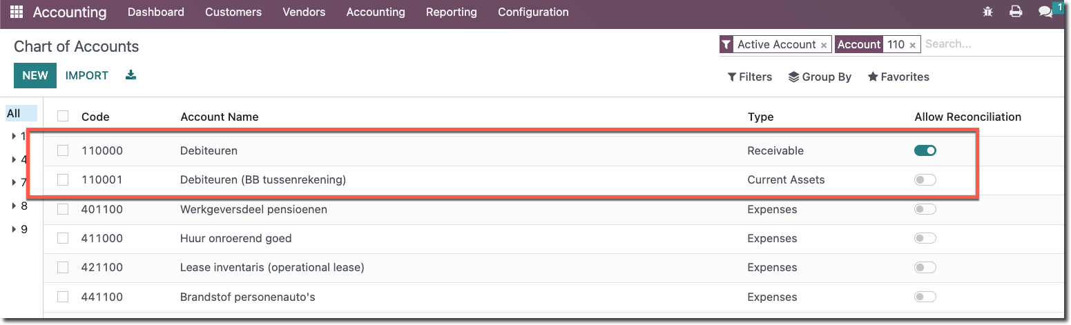 Chart of accounts with temporary suspense account 110001 for the opening balance