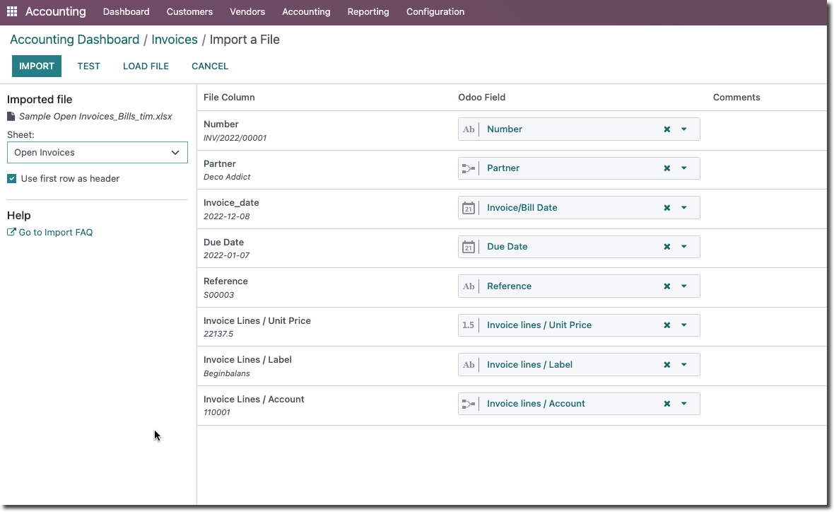 Field mapping during the import of the open sales invoices