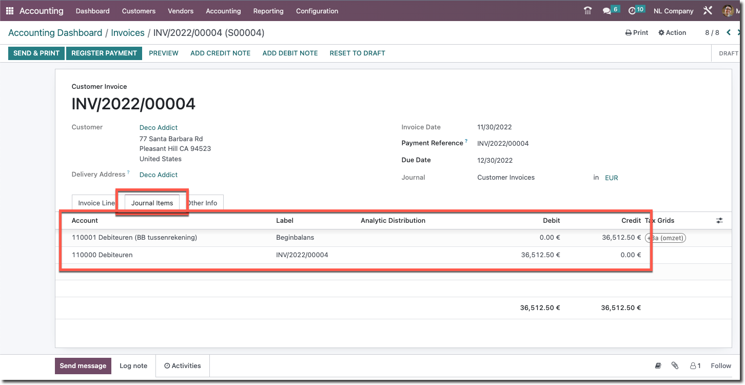Journal Items tab of an imported invoice with the contra entry