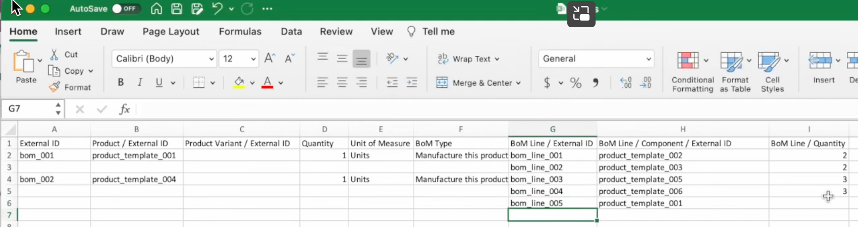 Excel import file for bills of materials with external IDs for products and components