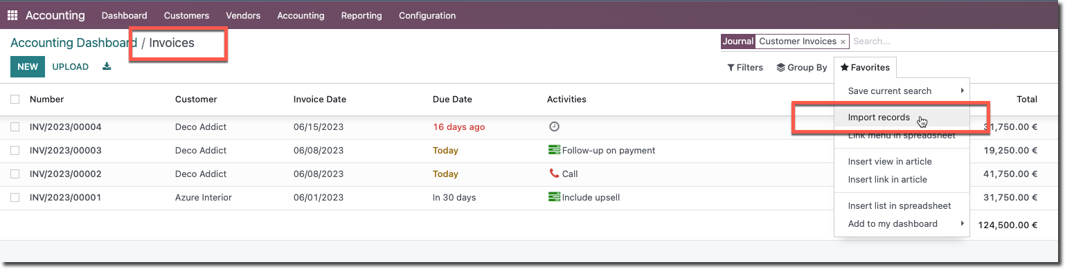 Import screen for the open invoices