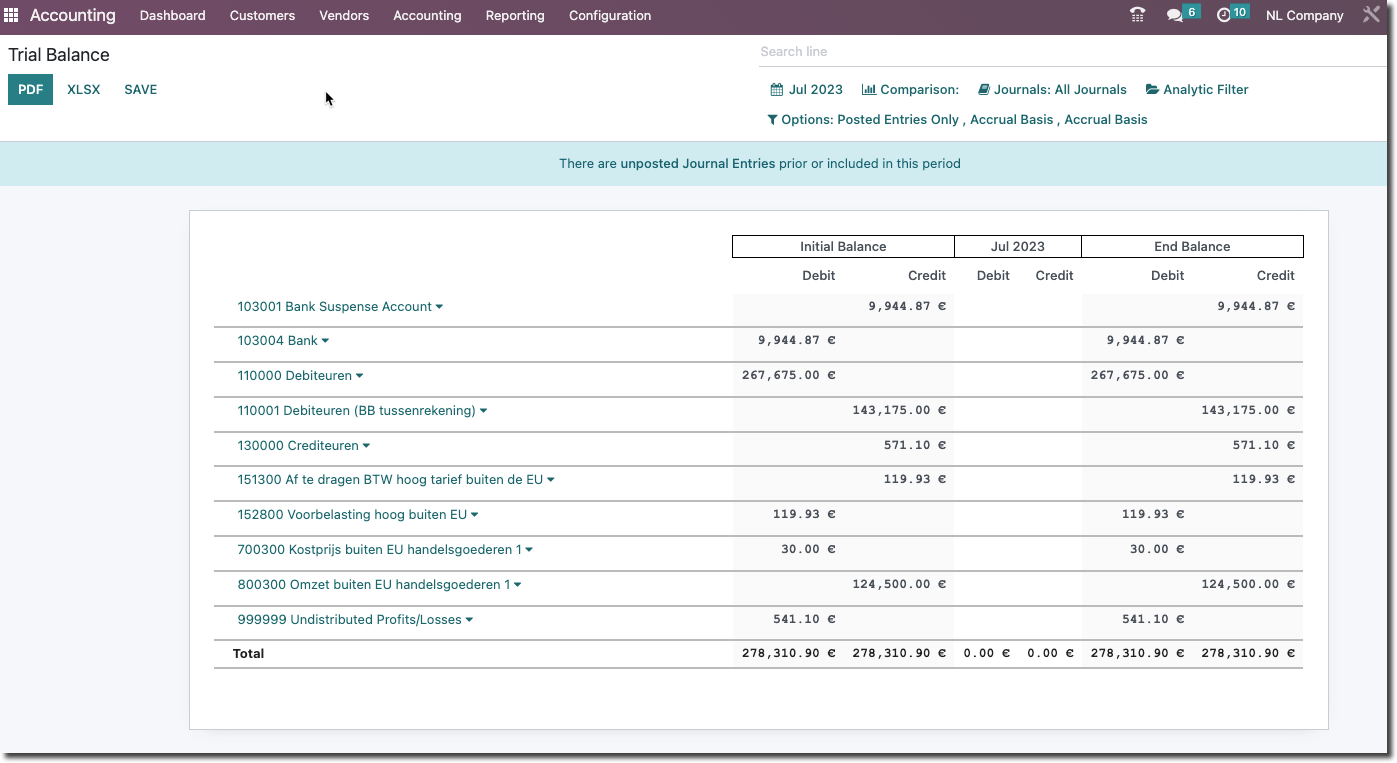 Balance of open items, debit on 110000 and credit on 110001