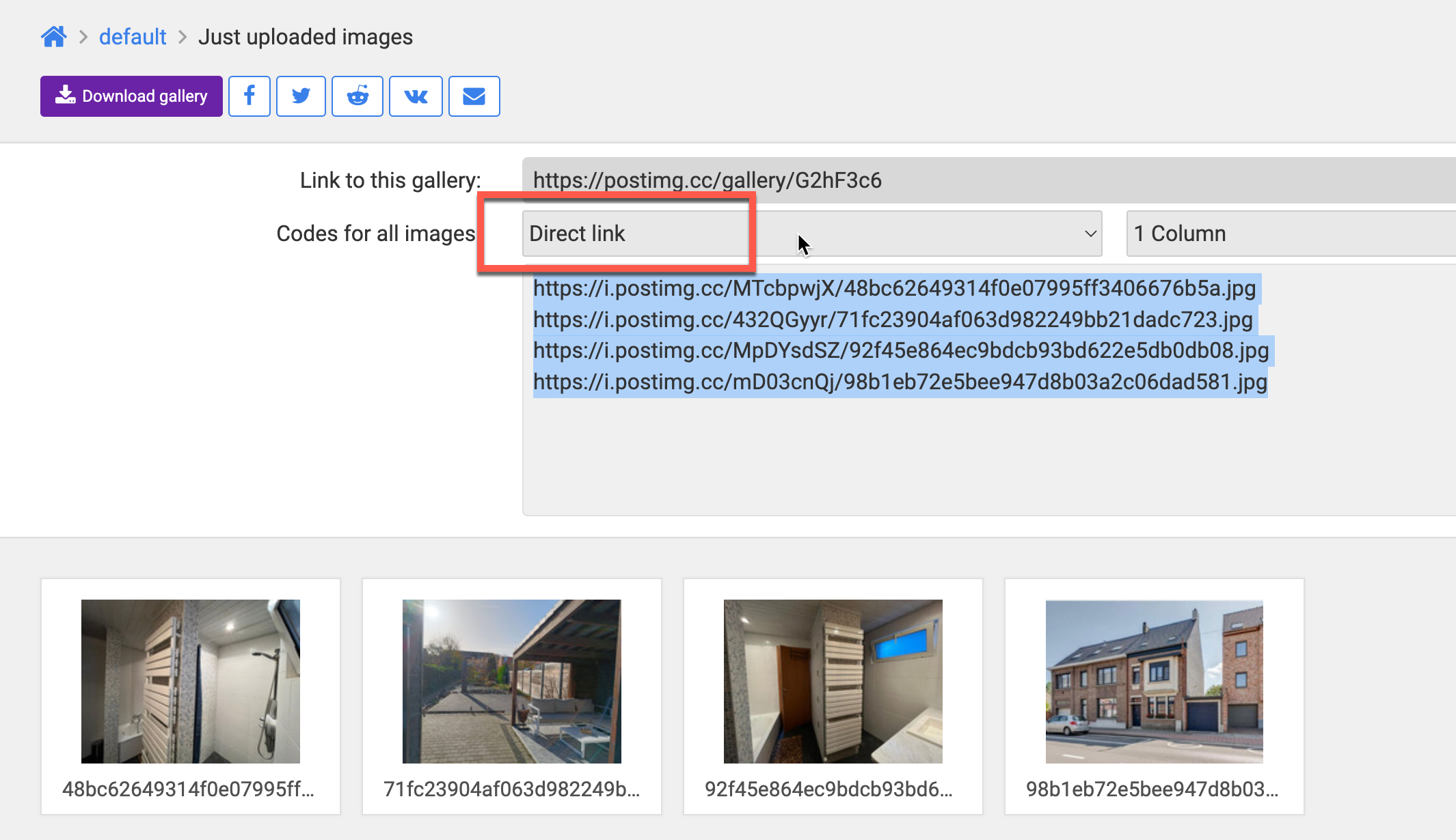 Copying the Direct link of an image on postimg.cc