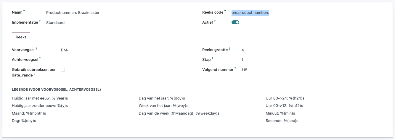 Odoo number sequence showing sequence code, prefix BM-, sequence size 4 and next number
