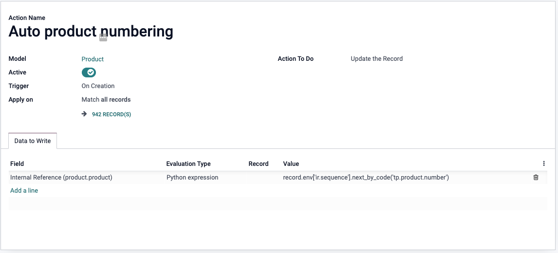 Automated action on the Product model with an On Creation trigger and a Python expression for Internal Reference