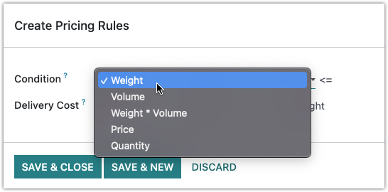 The Create Pricing Rules window in Odoo with the Condition dropdown open: Weight, Volume, Weight * Volume, Price and Quantity