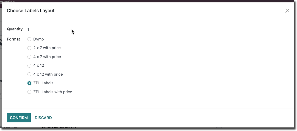 Printer dialog in Odoo for printing product labels, with the option to print a Zebra (ZPL) label