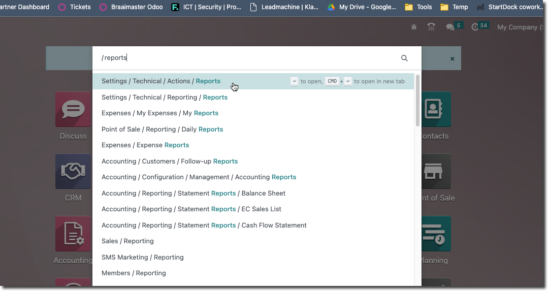 Searching for /reports from the home screen in Odoo