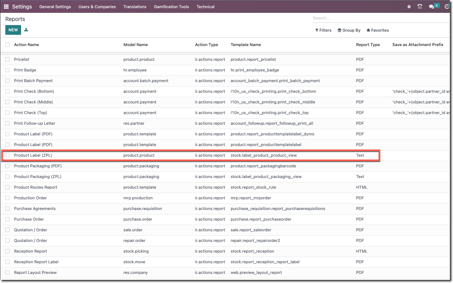 List of reports in Odoo with Product Label (ZPL) selected