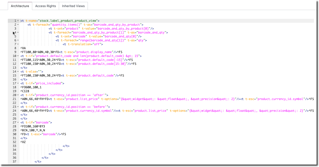 Architecture tab showing the standard ZPL code of the Product Label (ZPL) report